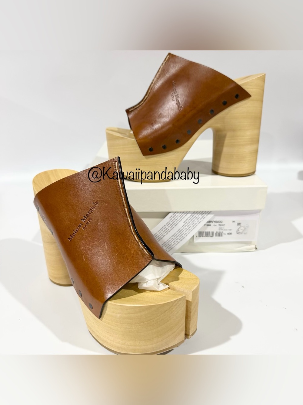 Maison Margiela Tabi Wood Sole Platform Brown Leather Mule Sandal Heels EU40 US9